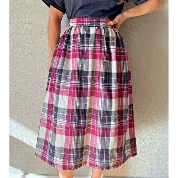 vtg‎ 80s citysquare wool plaid school skirt pink black white midi small retro - Picture 2 of 8